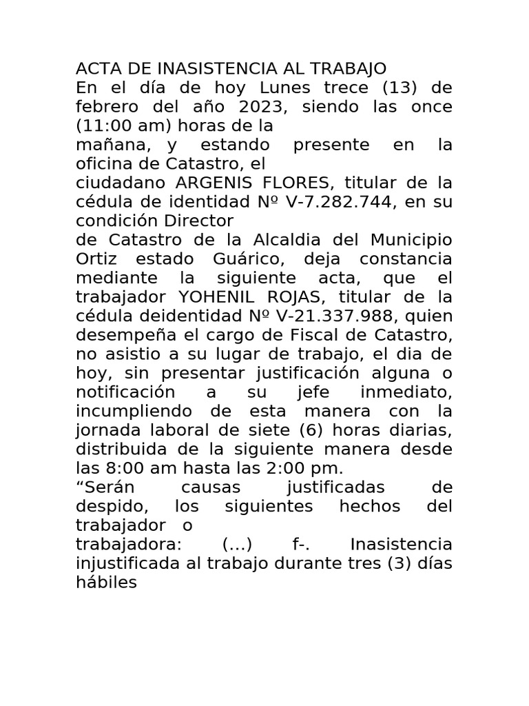Acta de Inasistencia Al Trabaj1 | PDF