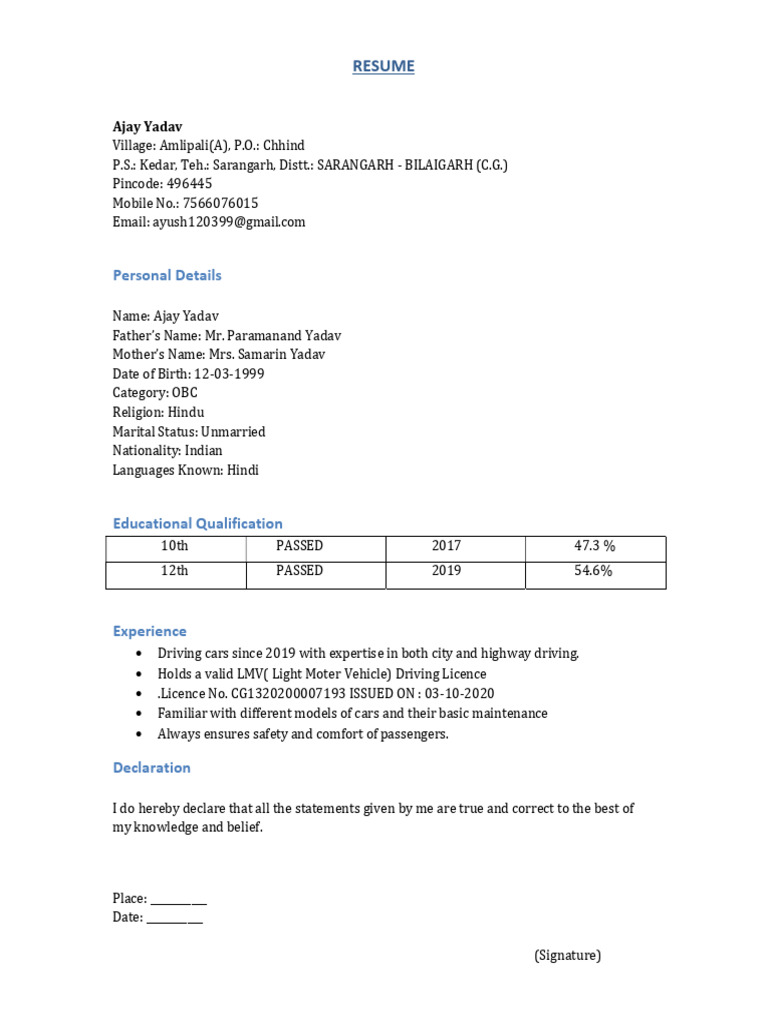 Ajay Yadav Resume - Driver Profile | PDF