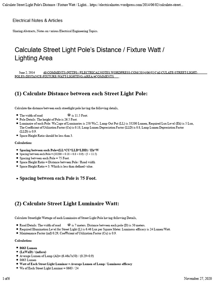 Street Light Pole Distance & Wattage Calculation | PDF | Street Light ...