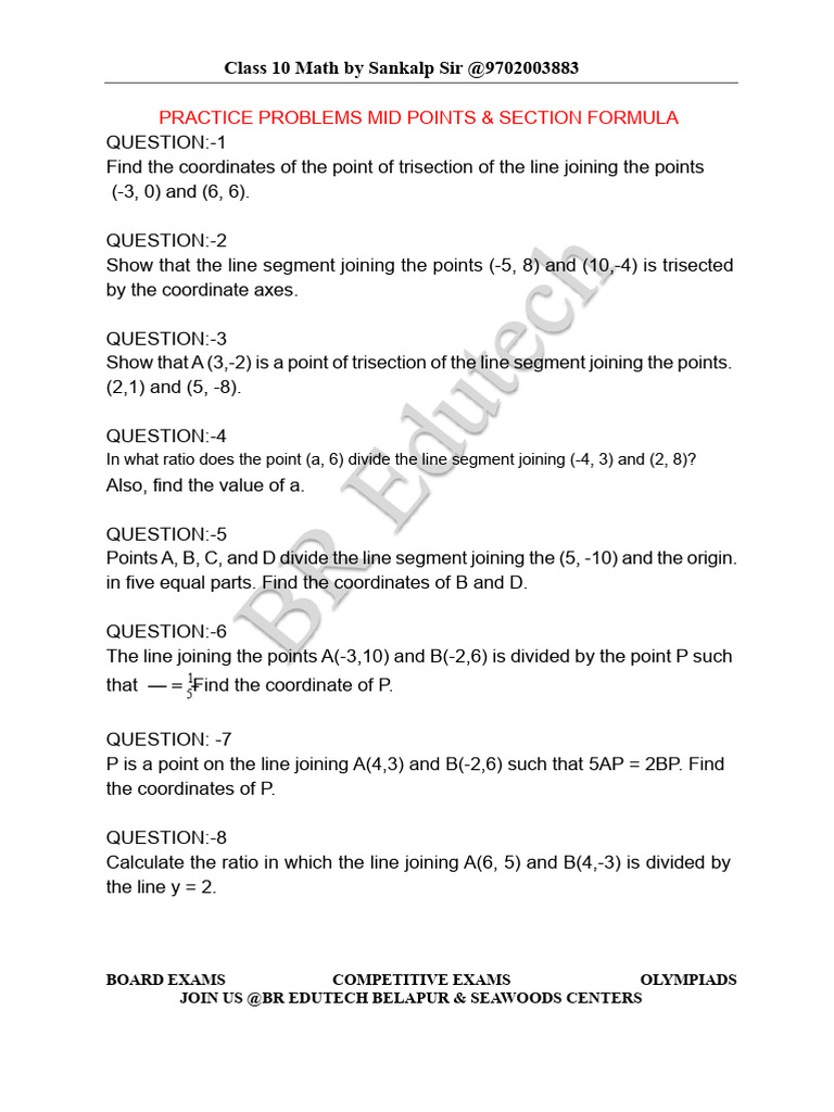 Midpoint and Section Formula Practice | PDF | Cartesian Coordinate ...