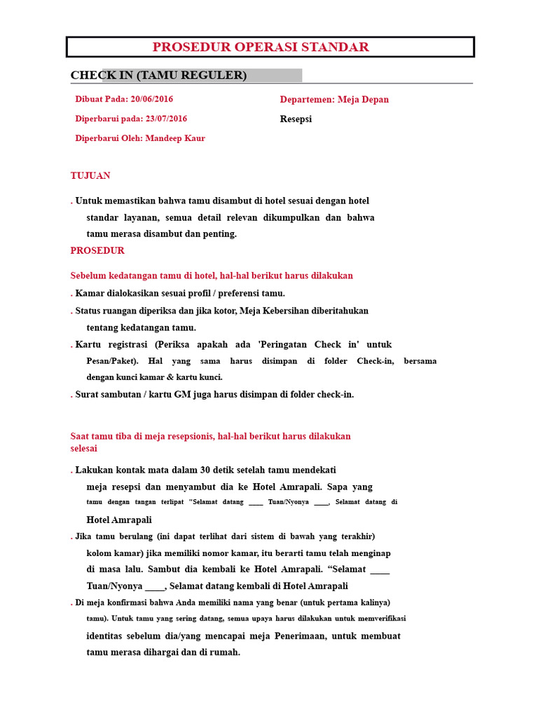 Prosedur Check-in Tamu Reguler | PDF