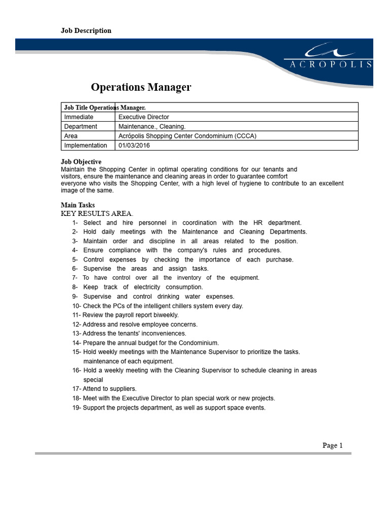 Operations Manager Job Description | PDF | Business | Social Psychology