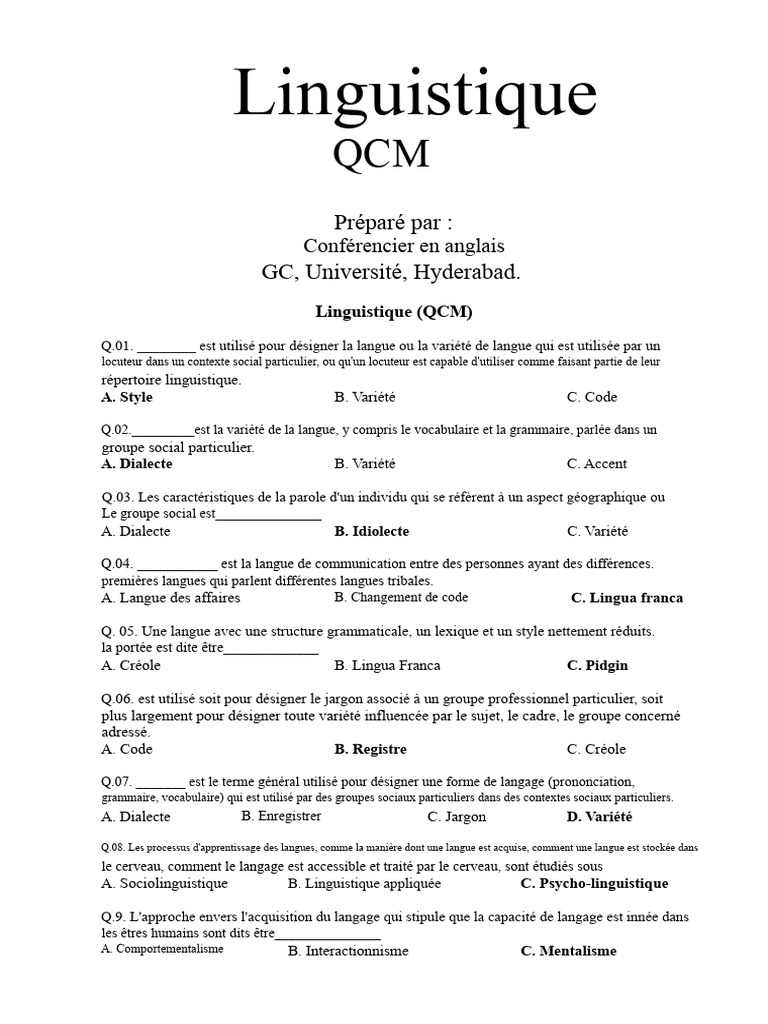 QCM sur la Linguistique et ses Concepts | PDF | Linguistique | Verbe