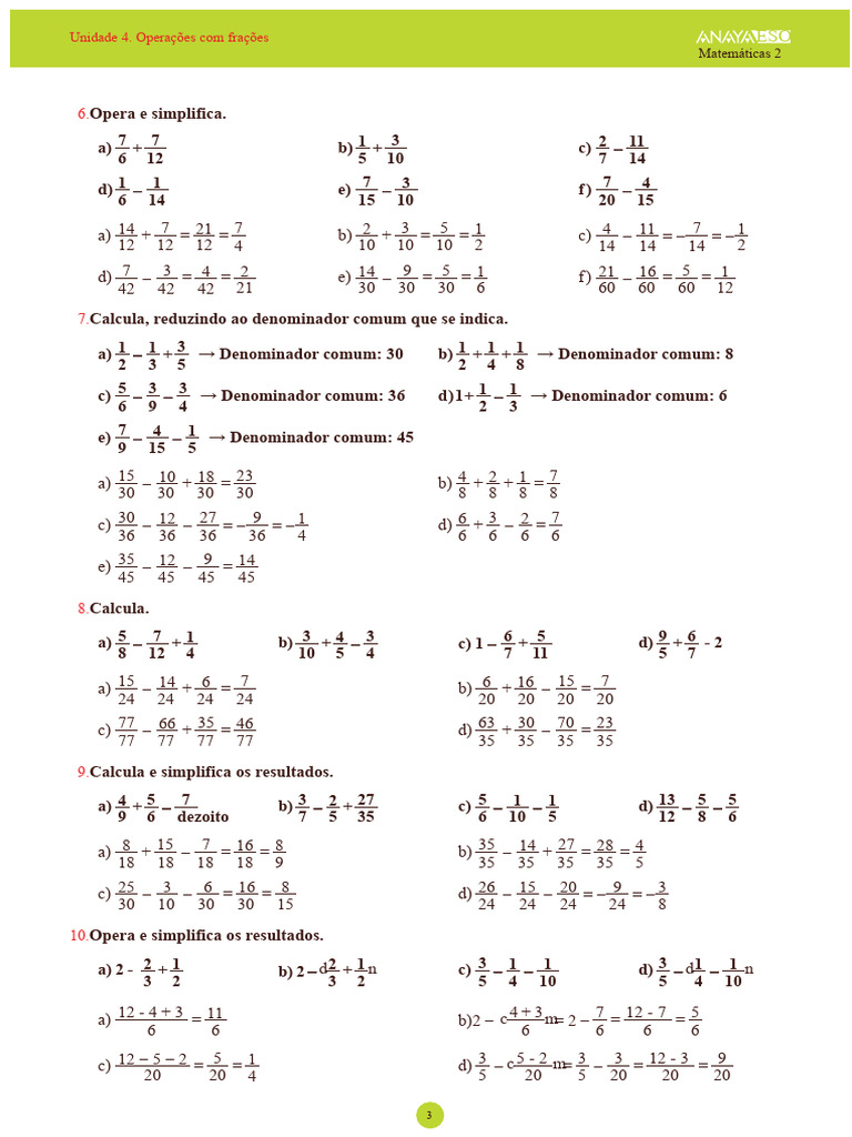 Operações com Frações: Exercícios e Soluções | PDF | Matemática ...