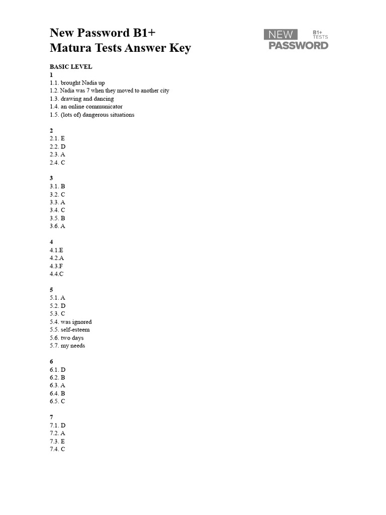 New Password B1+ Matura Tests Answer key | PDF