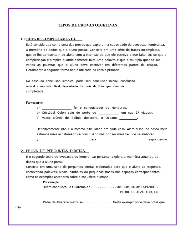 Tipos de Provas Objetivas na Educação | PDF | Tempo | Américas