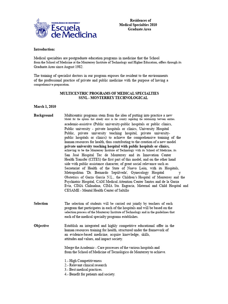 ITESM Medical Specialties Residency Guide | PDF | Residency (Medicine ...