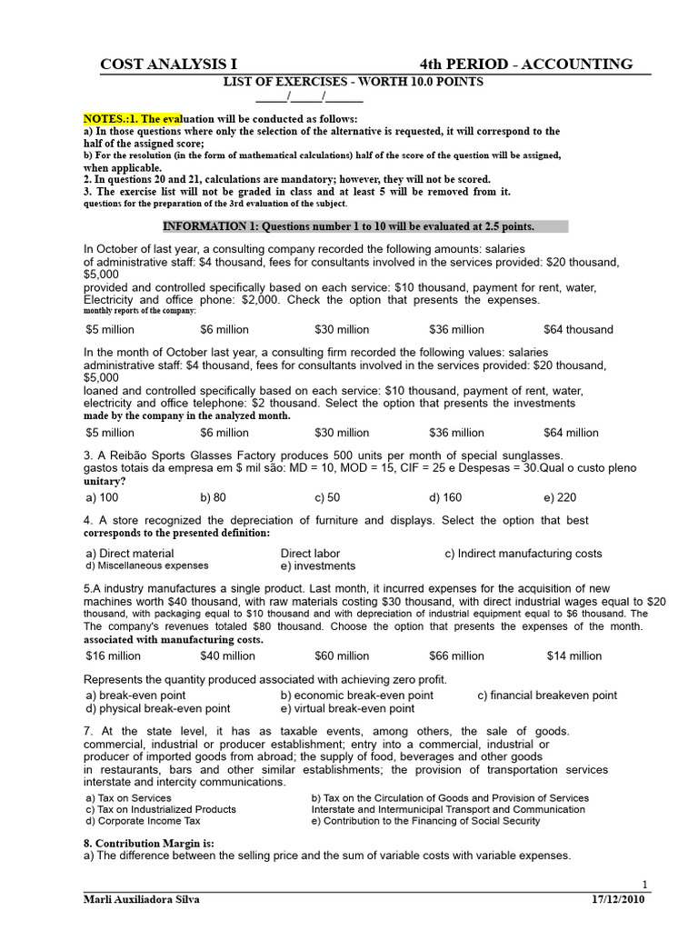 Cost Analysis Exercises for Accounting | PDF | Economies | Business ...