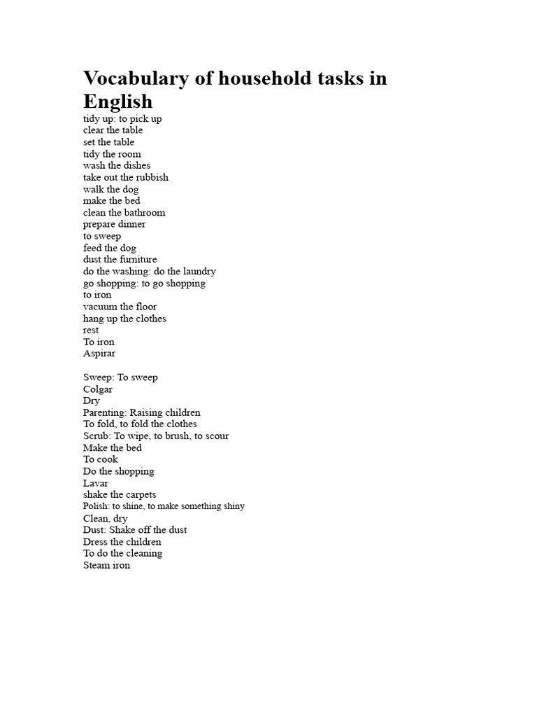 Vocabulary Of Household Chores In English Pdf