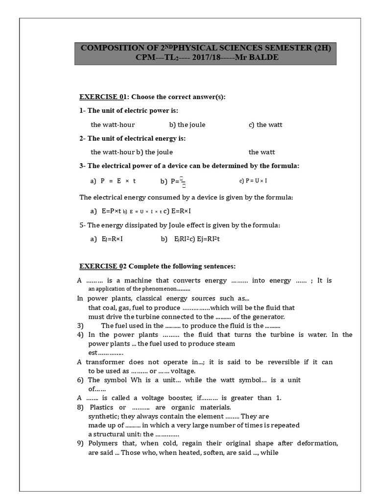 Second Semester Composition of Physical Sciences TL12 | PDF | Power ...