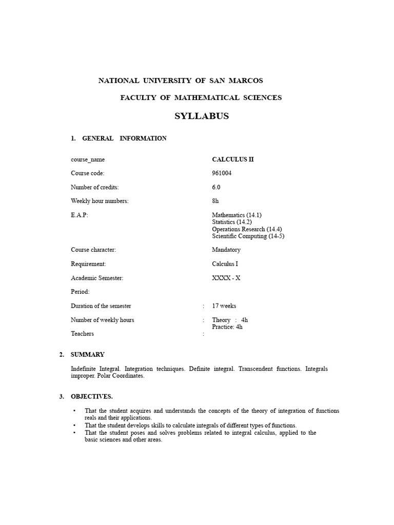 Calculus II Syllabus Overview | PDF | Integral | Demand
