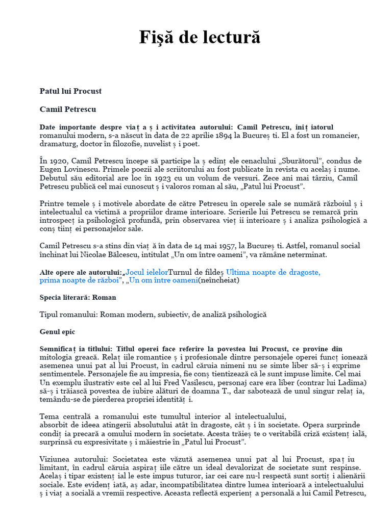 FISA DE LECTURĂ PATUL LUI PROCUST Model 1 | PDF