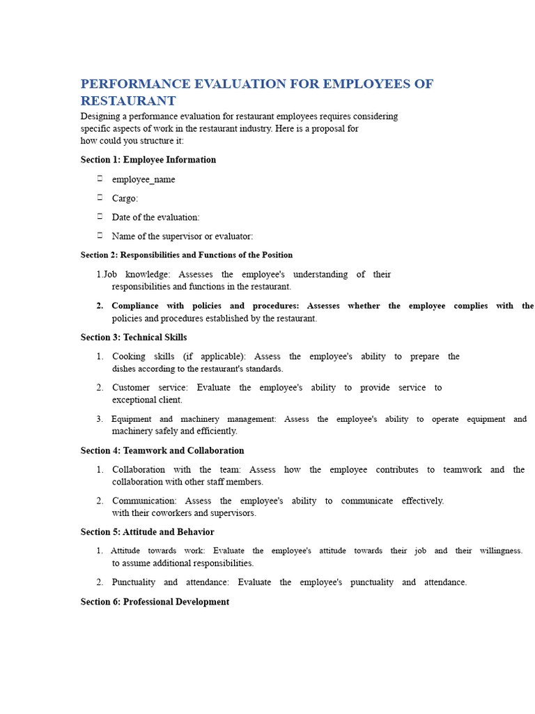 Restaurant Employee Performance Review Guide | PDF | Performance ...