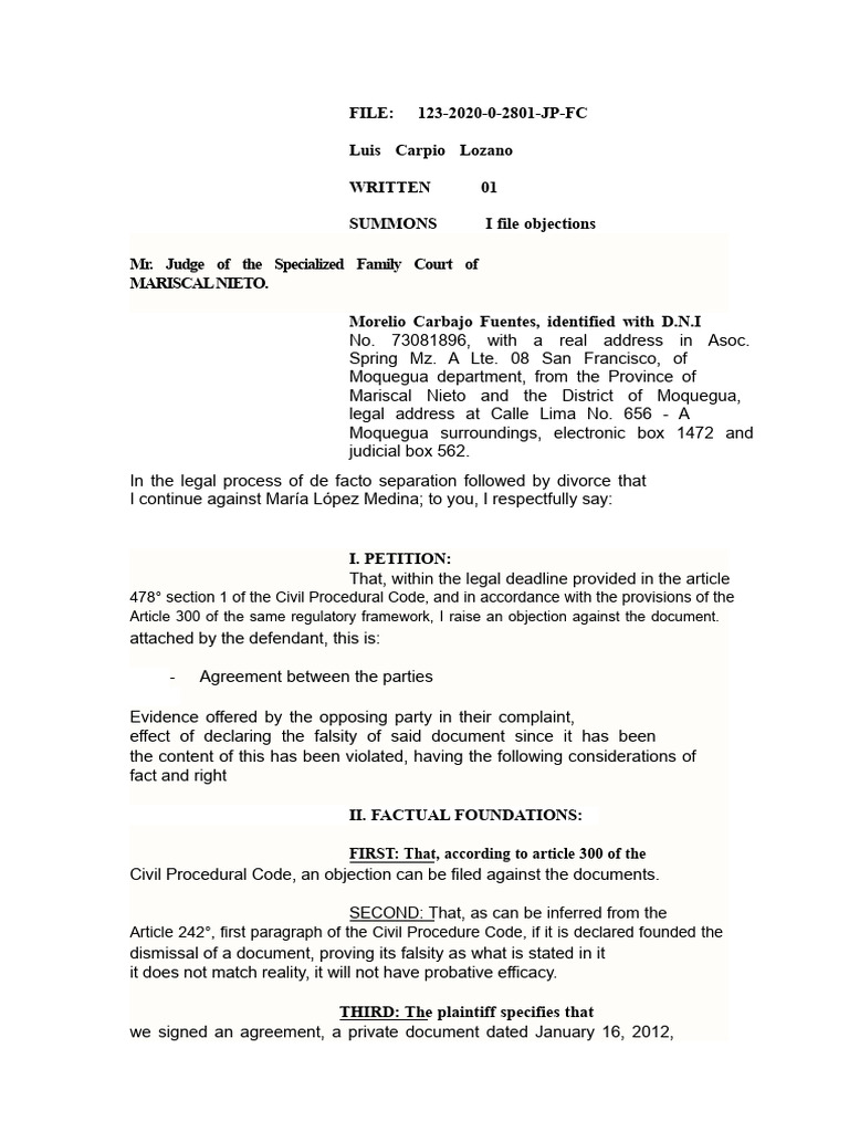 Objection to Document in Divorce Case | PDF | Complaint | Evidence