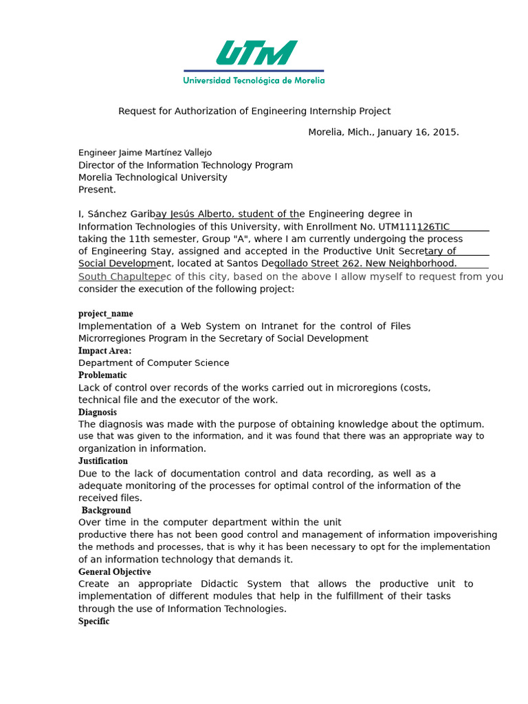 Request For Project Authorization For Engineering Internship | PDF ...