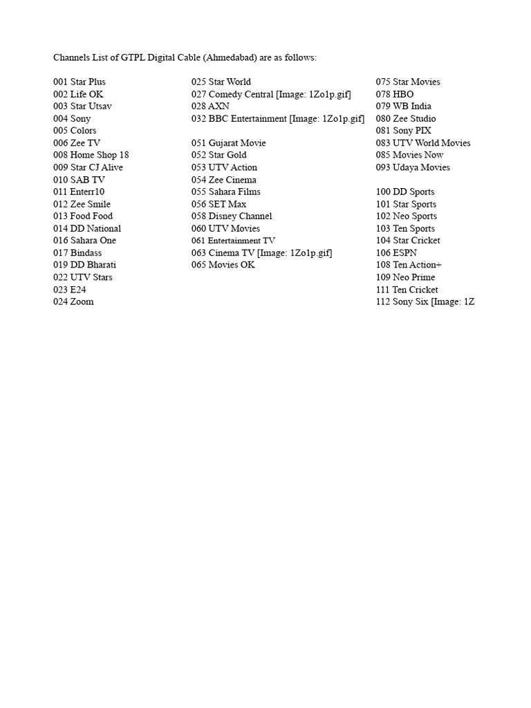 GTPL Digital Cable Channel List | PDF | Television | Broadcasting
