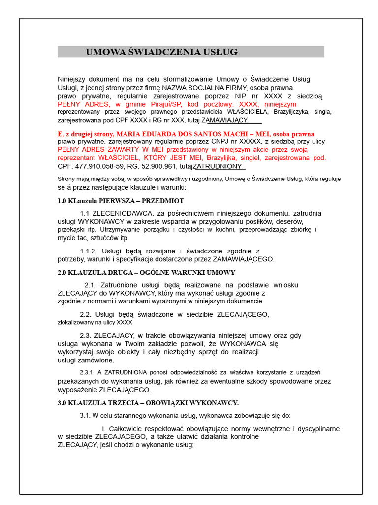 Umowa wiadczenia Us ug Wz r Pomocy Kuchennej PDF
