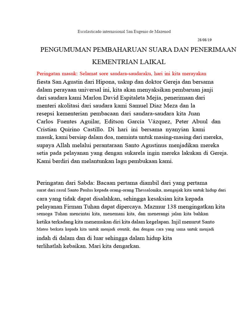 Pembacaan Dan Pelayanan Monisi | PDF