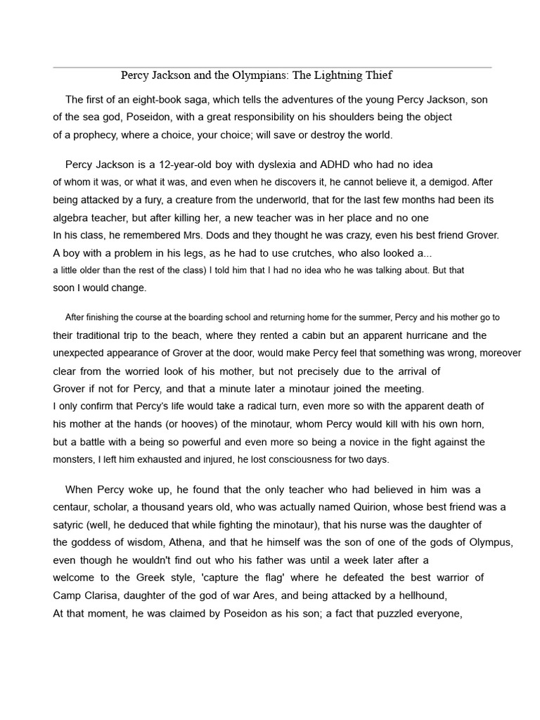 Percy Jackson The Lightning Thief Summary PDF Greek Mythology