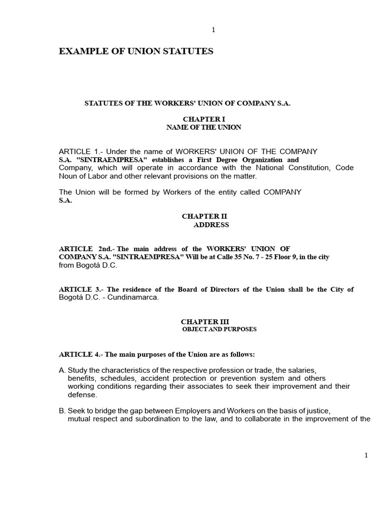 Example of Union Statutes According To Colombian Legislation | PDF ...