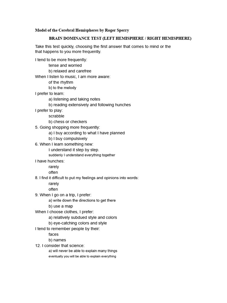 Brain Dominance Test: Left vs. Right | PDF | Lateralization Of Brain ...