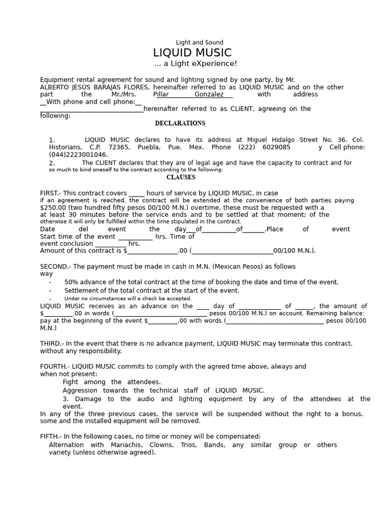 Liquid Music Equipment Rental Agreement | PDF | Private Law | Business Law