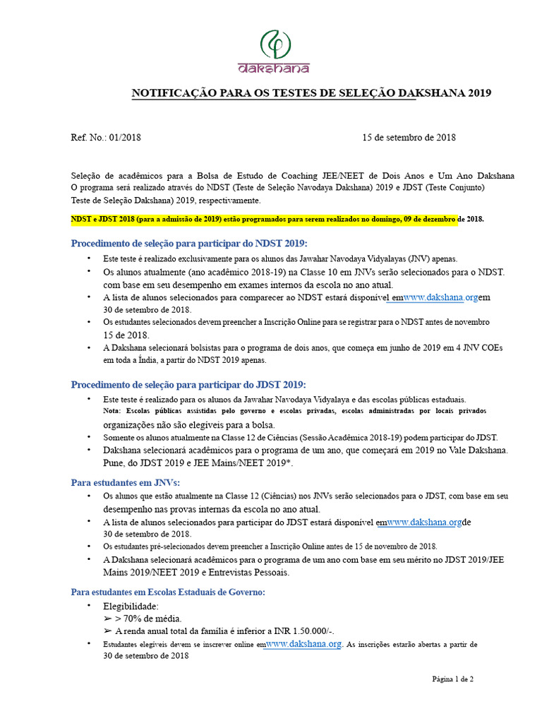 Seleção de Bolsas Dakshana 2019: NDST e JDST | PDF