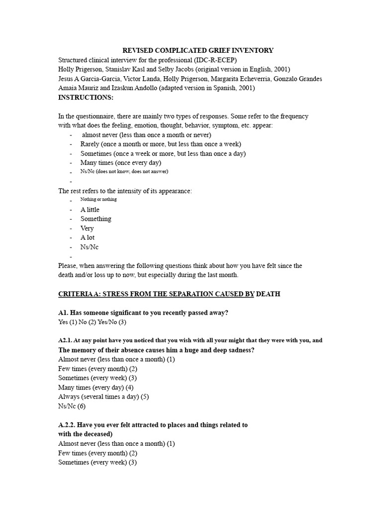 Revised Complicated Grief Inventory | PDF | Grief | Diseases And Disorders