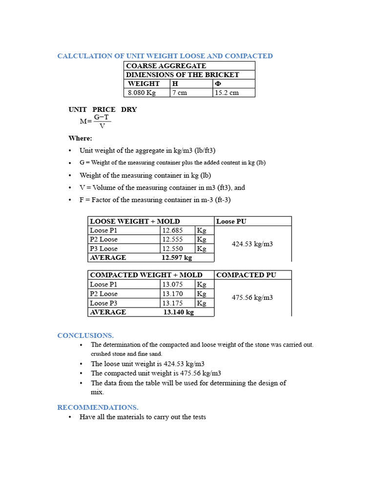 Unit Weight of Coarse Aggregate Analysis | PDF