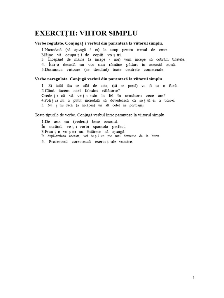 EXERCIȚII Viitor Simplu | PDF