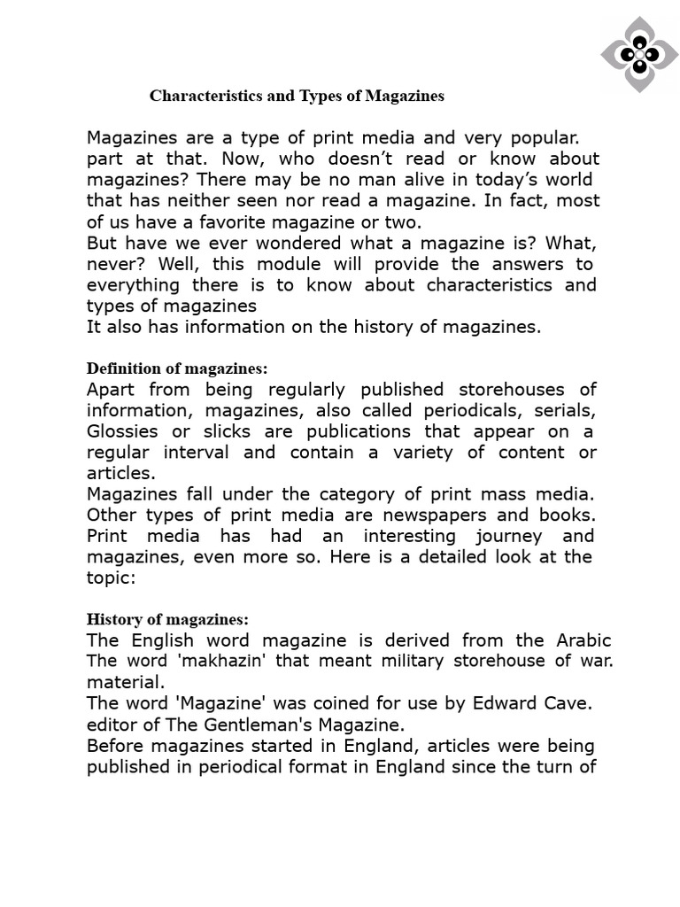 Types and Characteristics of Magazines | PDF | Magazines | Newspapers