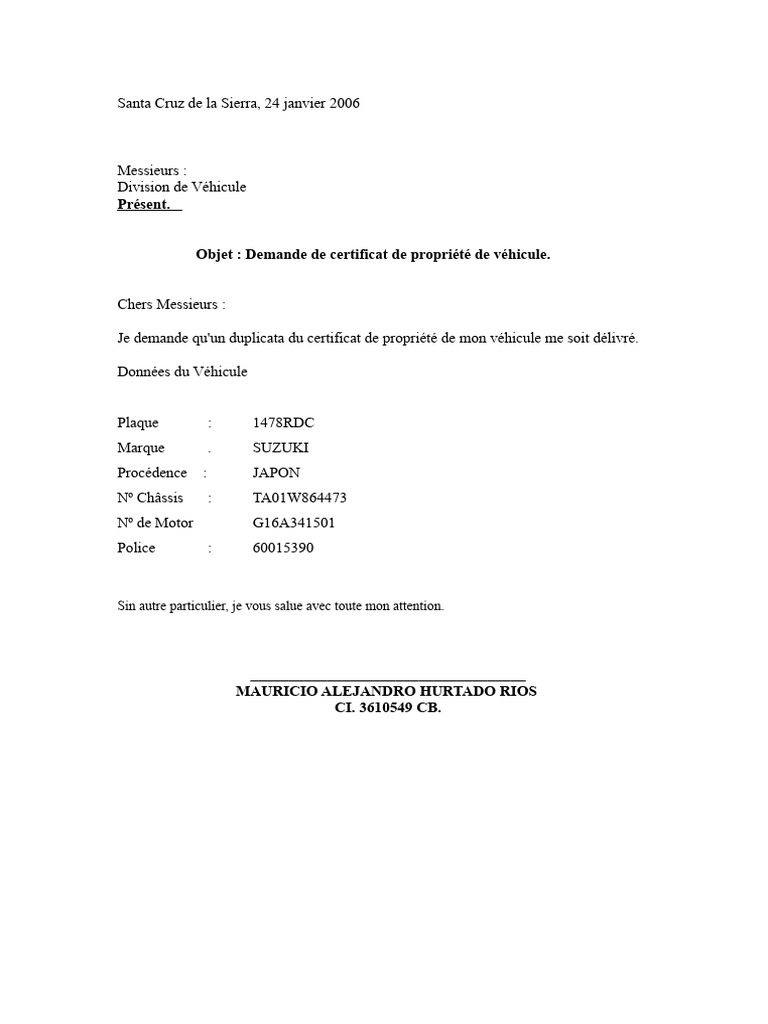 Demande de duplicata de certificat de véhicule | PDF
