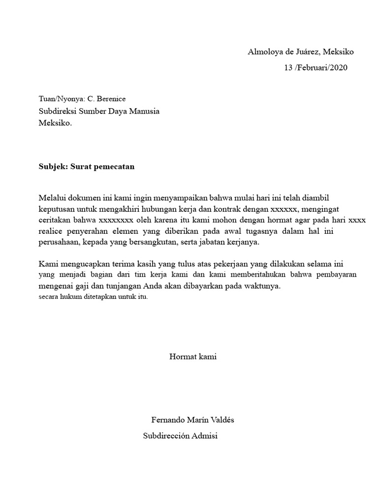 11 Modelo Surat Pemecatan Yang Dibenarkan | PDF