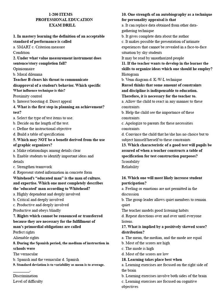 1 200 Items Prof Ed Exam Drill Pdf Learning Teachers
