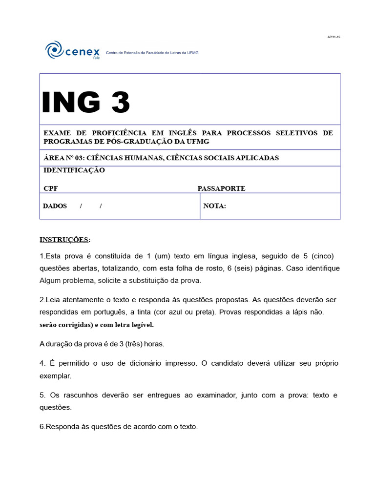 Modelo de Prova de Proficiência em Inglês UFMG | PDF | Imigração | Judeus
