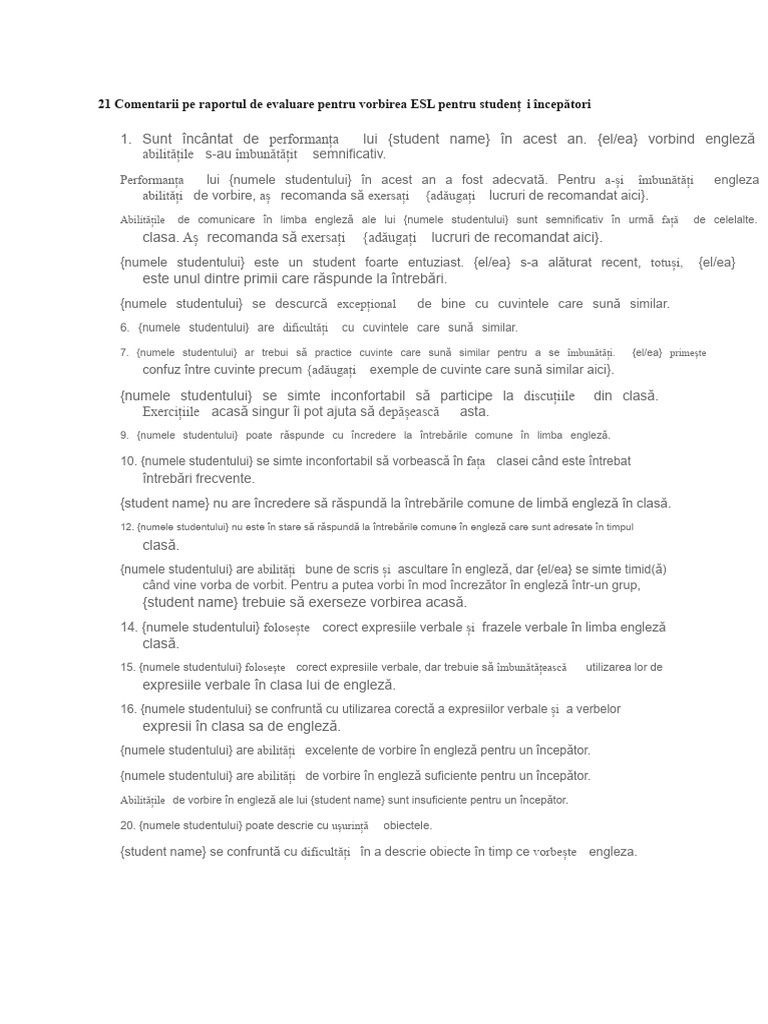 Comentarii Pentru Carnetul de Note La Vorbirea ESL | PDF