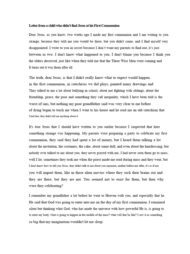 Letter From A Child Who Did Not Find Jesus at His First Communion | PDF ...