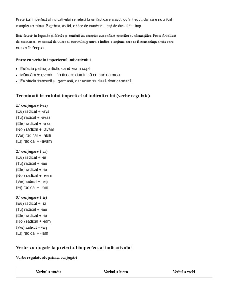 Imperfectul Indicativului - Conjugarea Verbilor | PDF