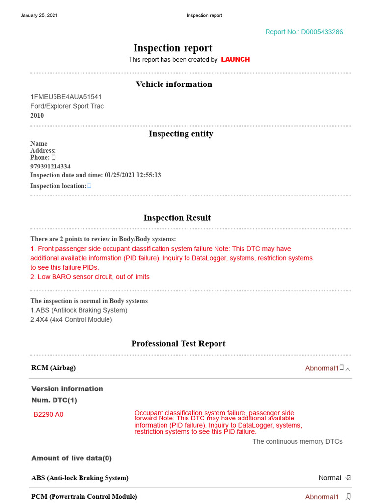 2010 Ford Explorer Sport Trac Inspection Report | PDF | Anti Lock ...