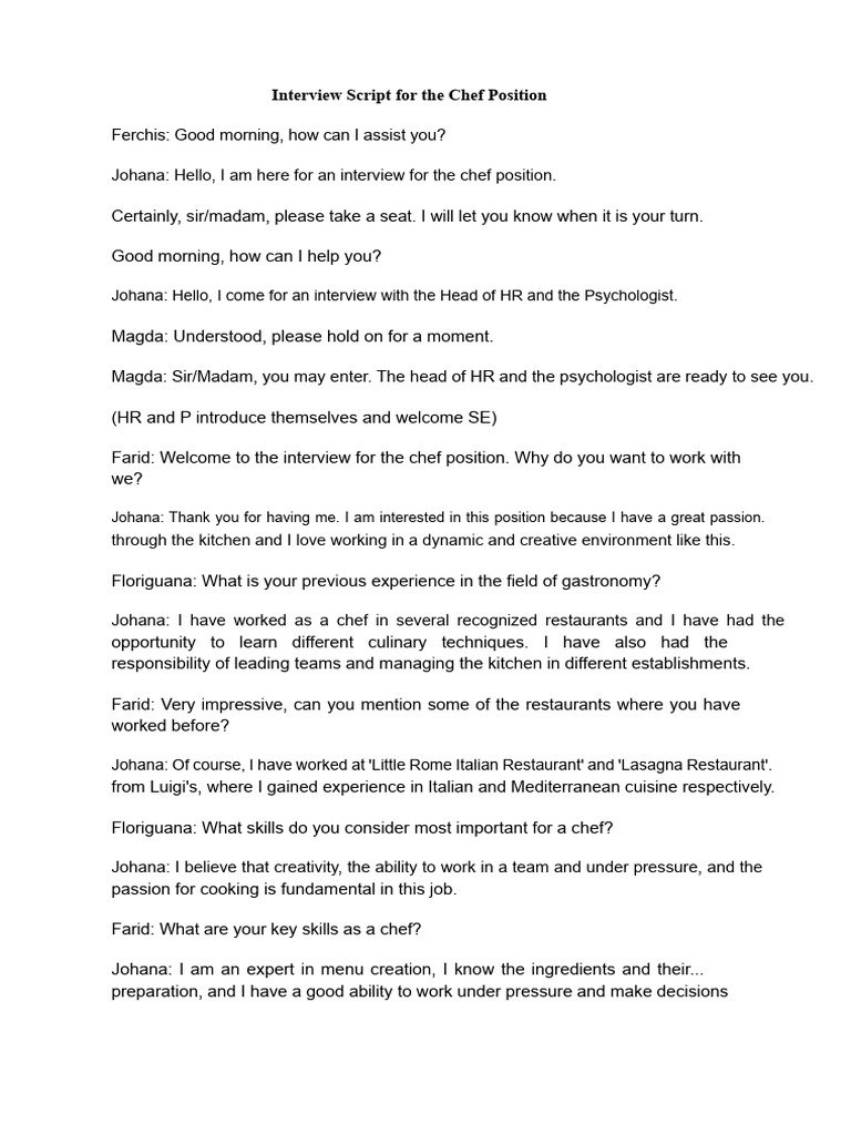 Chef Interview Script and Insights | PDF | Chef | Culinary Arts