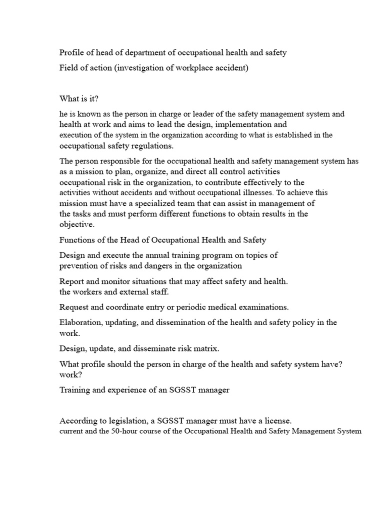 Head of Occupational Health & Safety Role | PDF | Occupational Safety ...