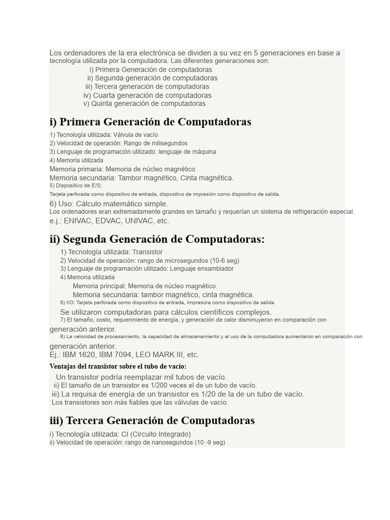 Evolución de las Generaciones de Computadoras | PDF | Almacenamiento de ...
