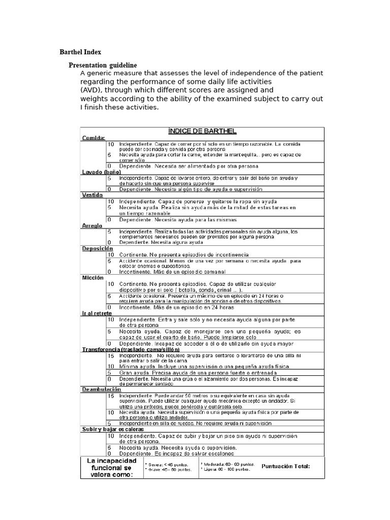 Barthel Index: Patient Independence Assessment | PDF | Health Care ...