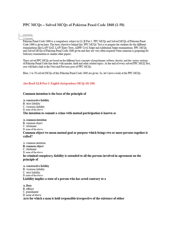 PPC MCQs: Solved Questions 1-50 | PDF | Mens Rea | Crime & Violence