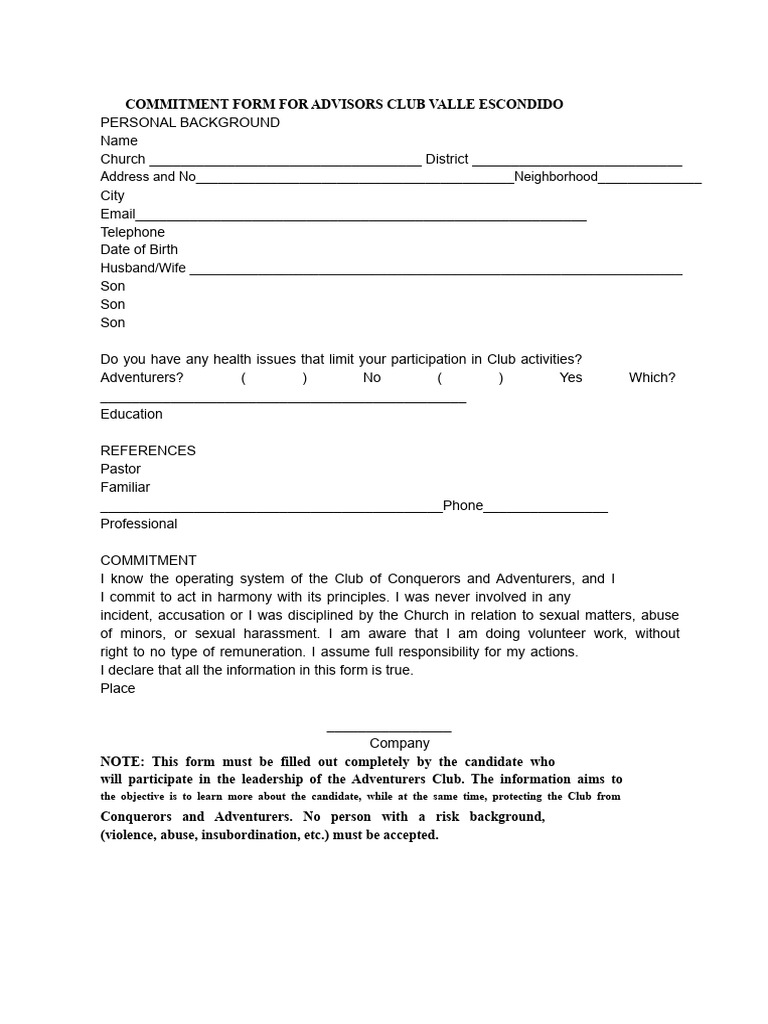 Advisors Club Commitment Form | PDF
