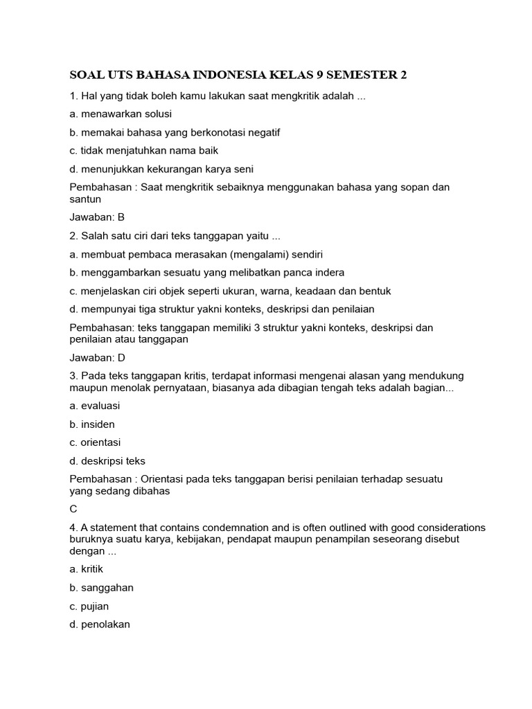 Soal UTS Bahasa Indonesia Kelas 9 | PDF