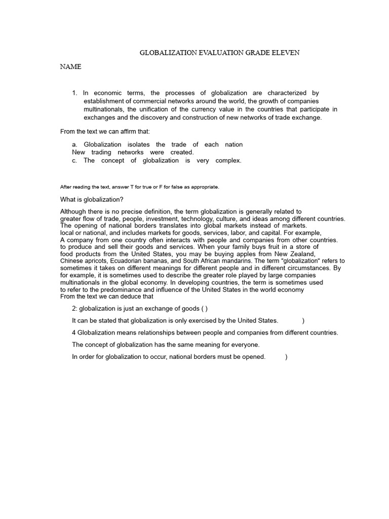 Globalization Evaluation Grade Eleven Pdf