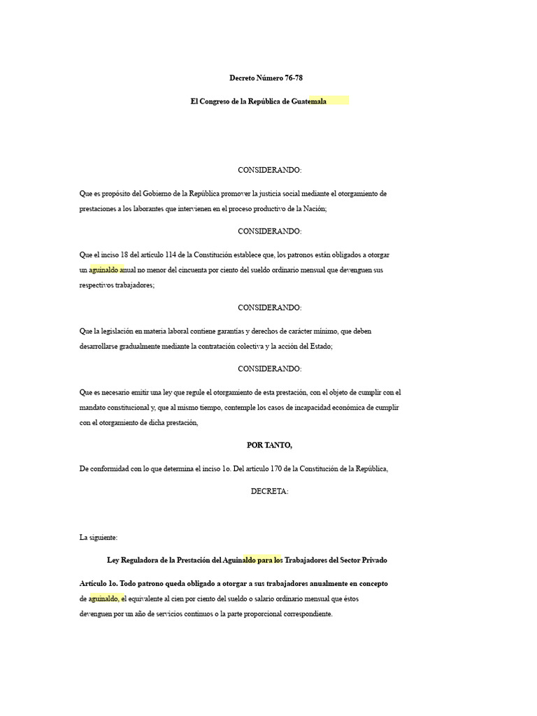 Ley de Aguinaldo 76-78 Guatemala | PDF | Derecho laboral | Salario