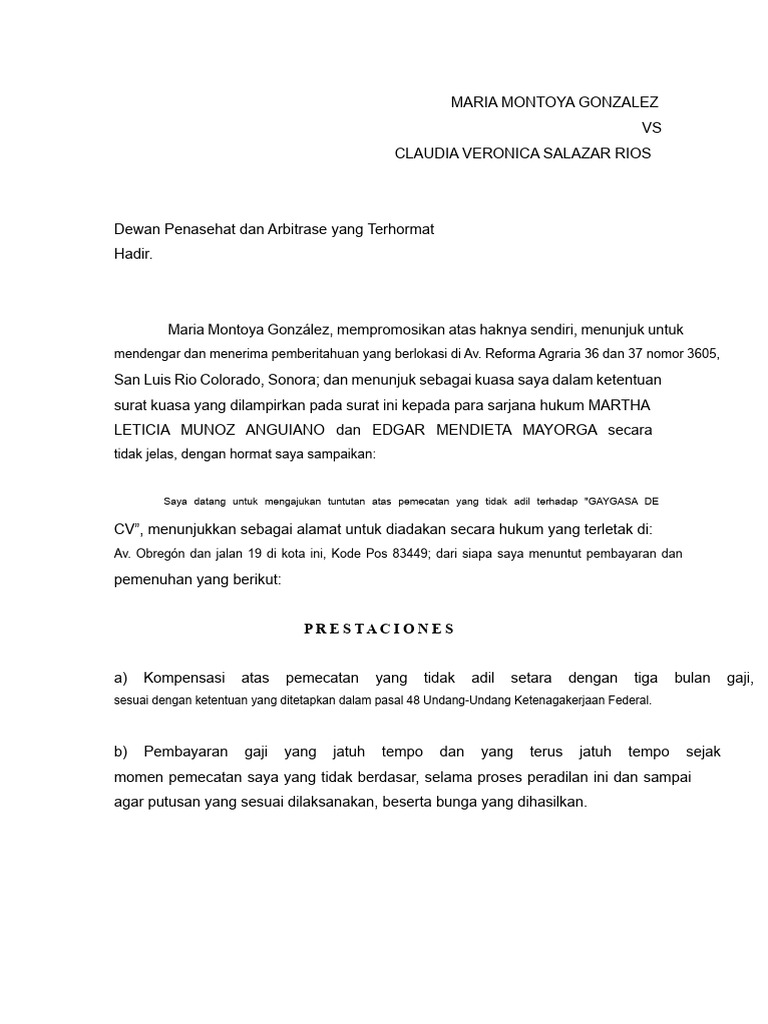 Tuntutan Pemecatan Tidak Adil Maria Montoya | PDF