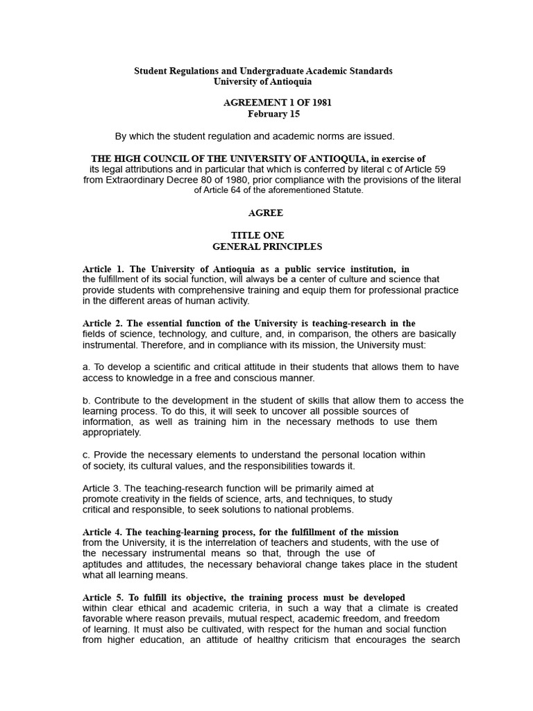 Student Regulations at University of Antioquia | PDF | University And ...